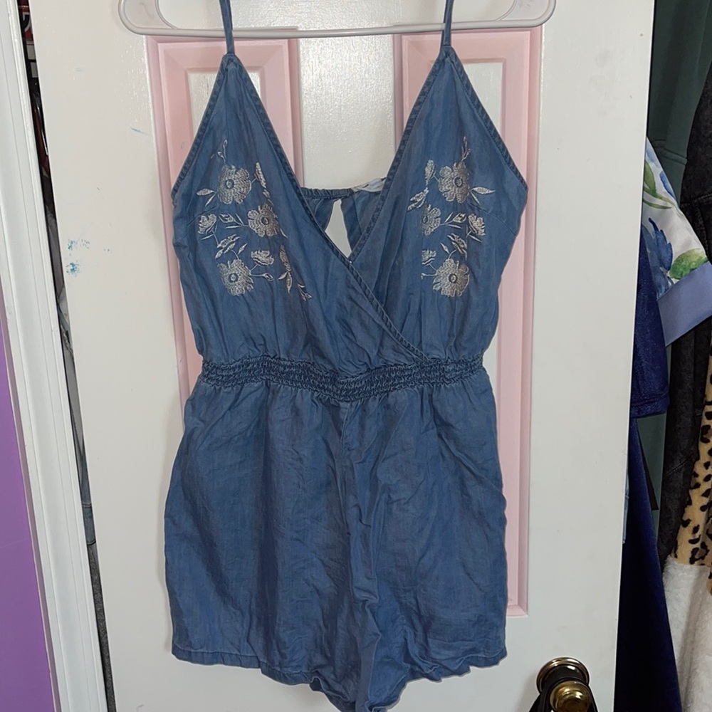 Jean romper with floral embroidery
